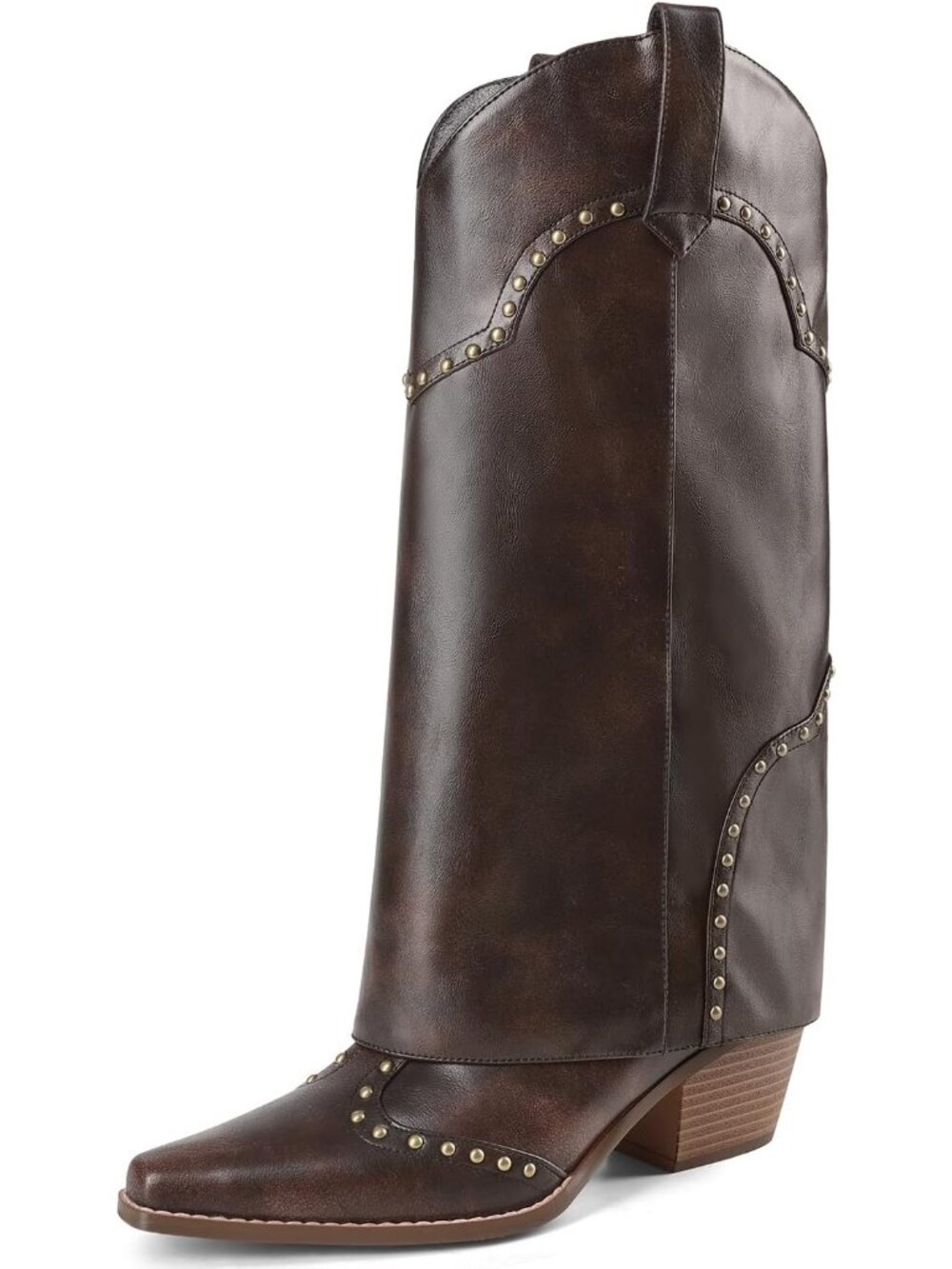 Women's Dark Brown Faux Leather Over Boot Knee High Chunky Heel Cowgirl Boot